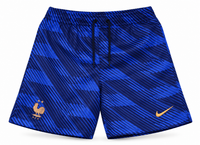 Pantaloneta azul estampada de Francia con estampado diagonal y gallo dorado, escudo y el logo de Nike