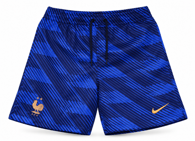 Calção azul estampado da França com estampa diagonal e galo dourado, escudo e o logo da Nike