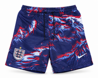 Blue print England shorts with red and white print over blue, the crest and the Nike logo