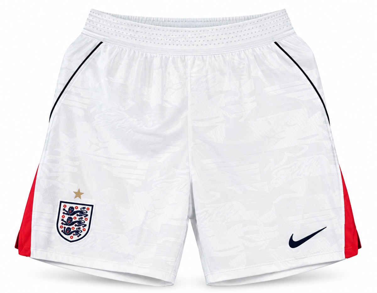 Pantaloneta blanca de Inglaterra con costado rojo y azul, escudo y el logo de Nike