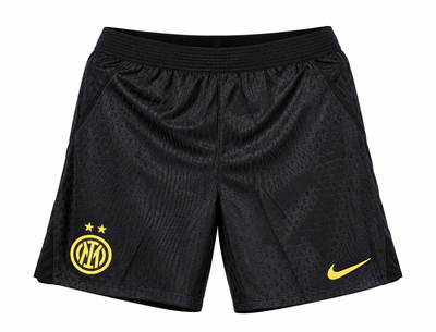 Pantaloneta negra del Inter de Milán con escudo y logo en amarillo, escudo y el logo de Nike