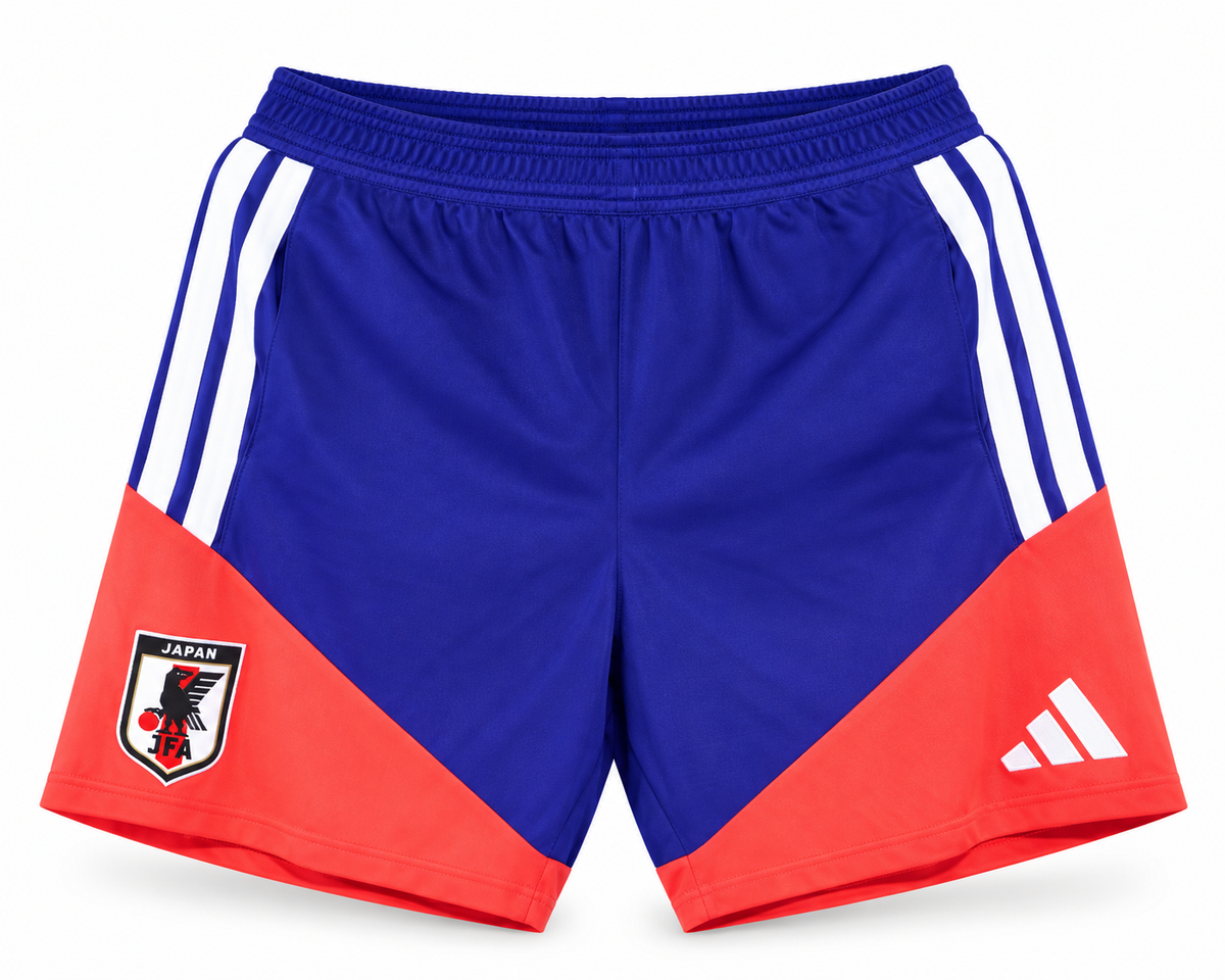 Blue and red Japan shorts with diagonal coral red panel, the crest and the Adidas logo