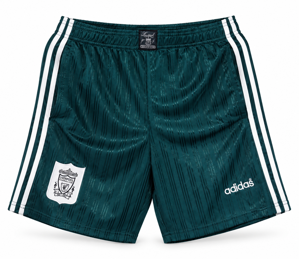 Dark green retro Liverpool shorts with retro crest and shiny bands, the crest and the Adidas logo