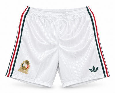 Pantaloneta blanca y dorada de México con escudo dorado grande, escudo y el trébol de Adidas