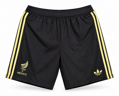 Pantaloneta negra y dorada de México con rayas y águila en dorado, escudo y el trébol de Adidas