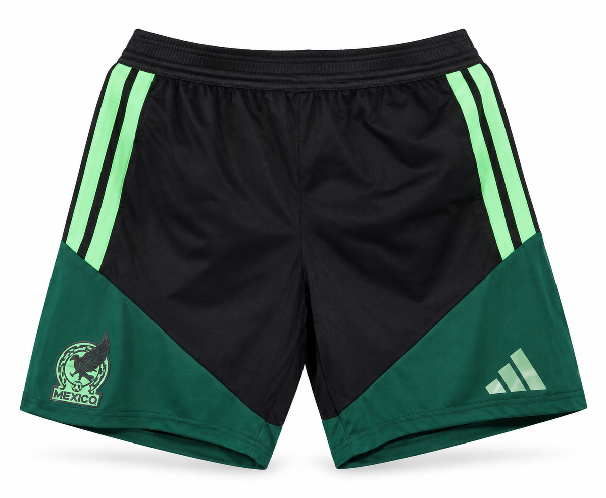 Calção preto e verde do México com painel verde e listras verde-claras, escudo e o logo da Adidas