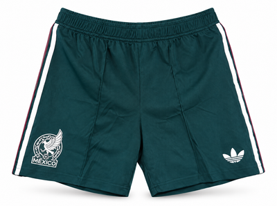 Calção verde-escuro do México com listras brancas com fio vermelho, escudo e o trevo da Adidas