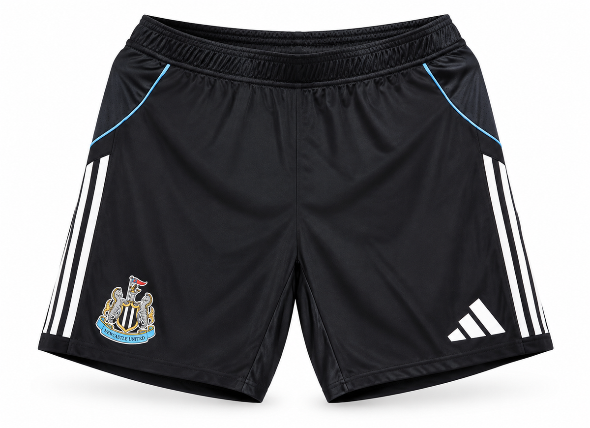 Black Newcastle shorts with sky blue trim and white stripes, the crest and the Adidas logo