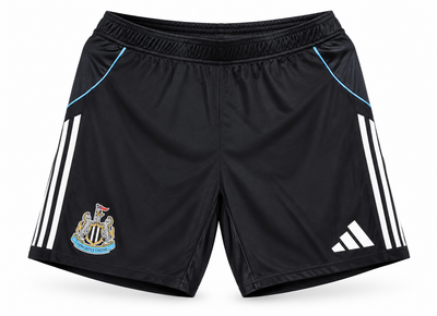 Black Newcastle shorts with sky blue trim and white stripes, the crest and the Adidas logo