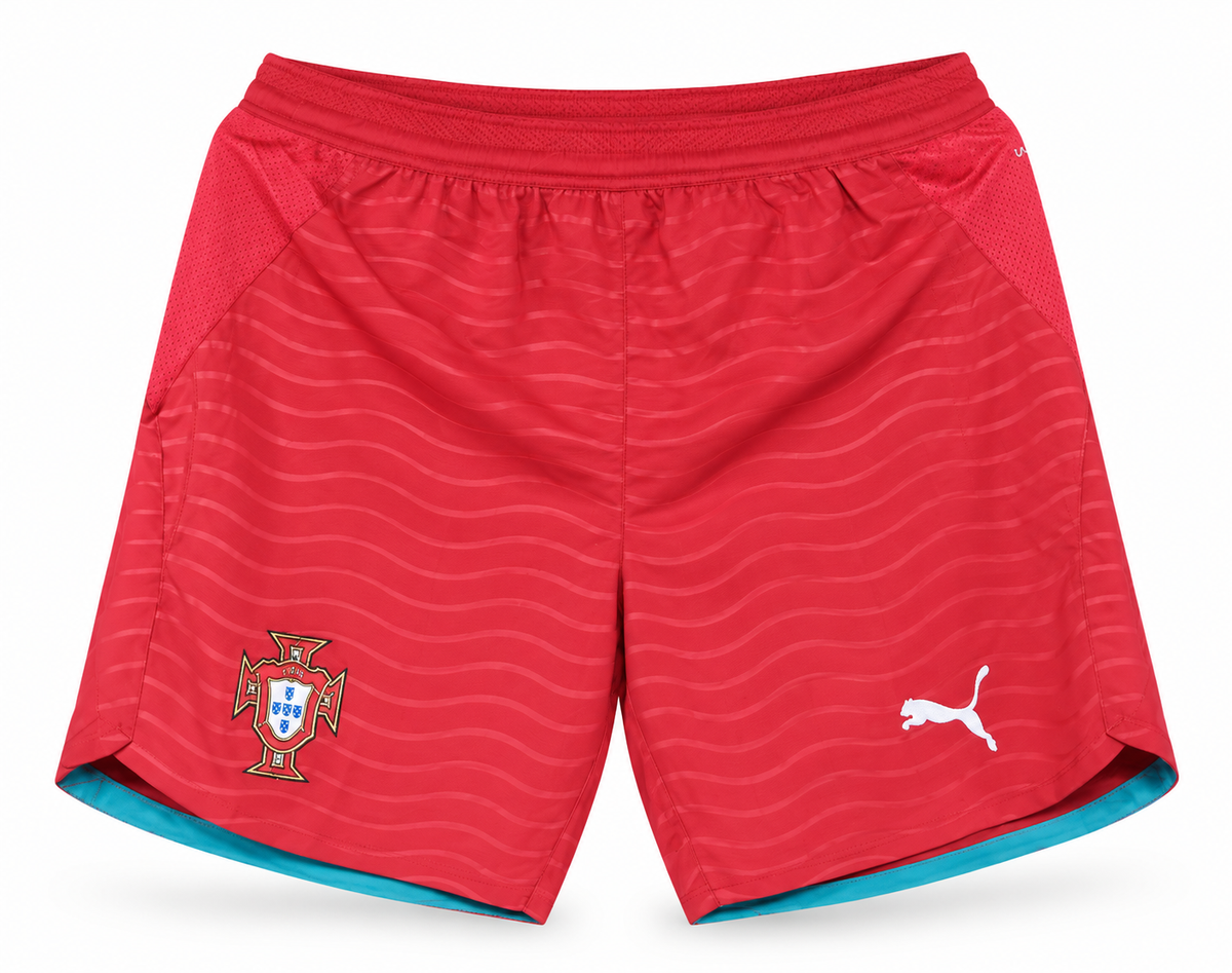 Red Portugal shorts with wave texture and aqua lining, the crest and the Puma logo
