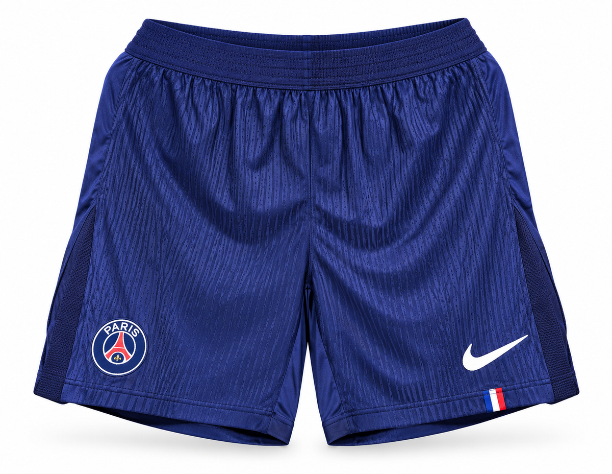 Pantaloneta azul oscuro del PSG con banderita de Francia, escudo y el logo de Nike