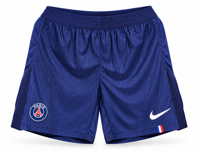Pantaloneta azul oscuro del PSG con banderita de Francia, escudo y el logo de Nike