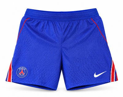 Calção azul do PSG com friso vermelho nas laterais, escudo e o logo da Nike