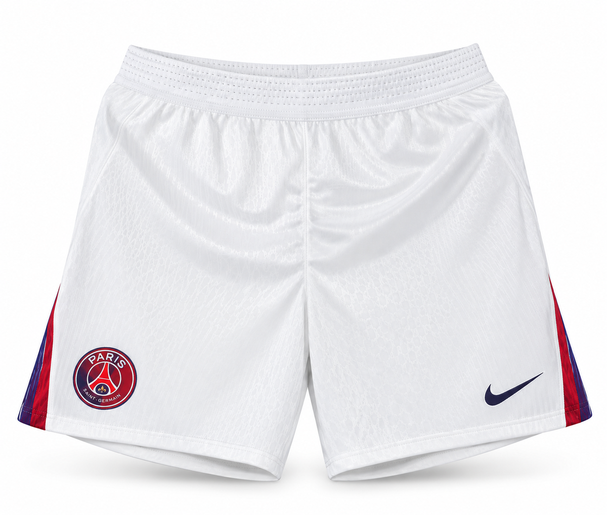Pantaloneta blanca del PSG con franja azul y roja a los lados, escudo y el logo de Nike