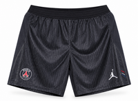 Black PSG shorts with striped texture, the crest and the Jordan logo