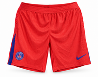 Red PSG shorts with blue side stripe, the crest and the Nike logo