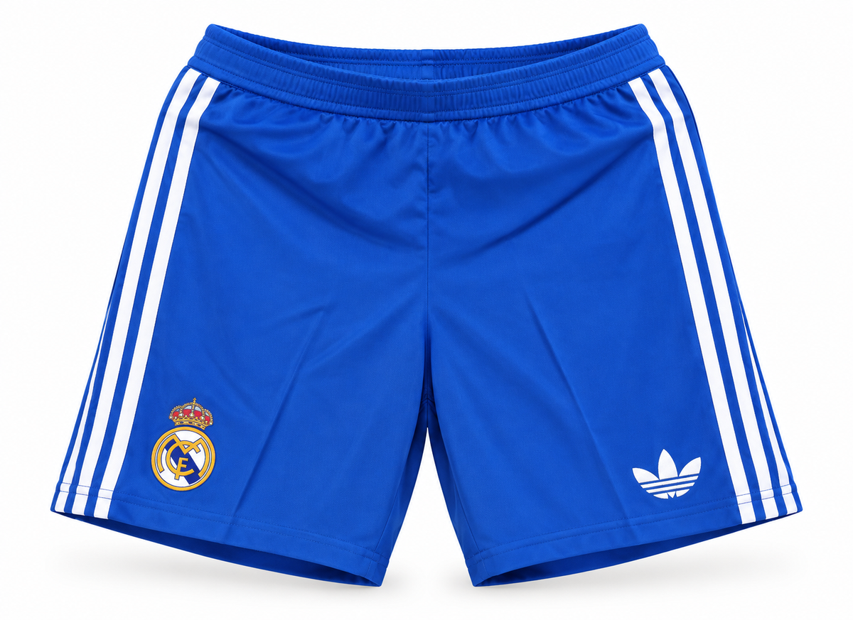 Pantaloneta azul del Real Madrid con tres rayas blancas y trébol, escudo y el trébol de Adidas