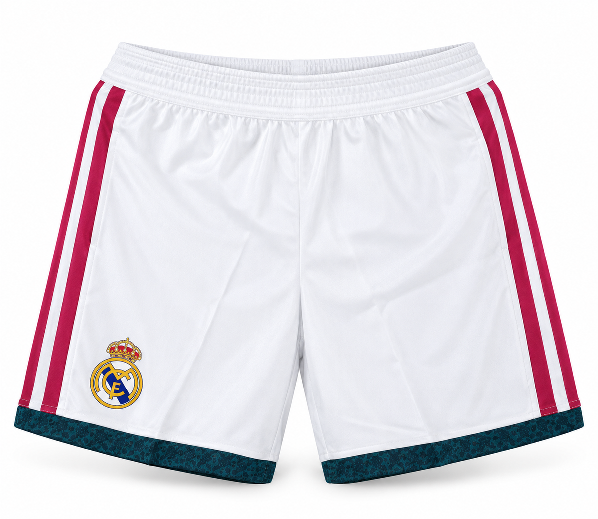 White retro Real Madrid shorts with red stripes and green hem, the crest and the Adidas logo