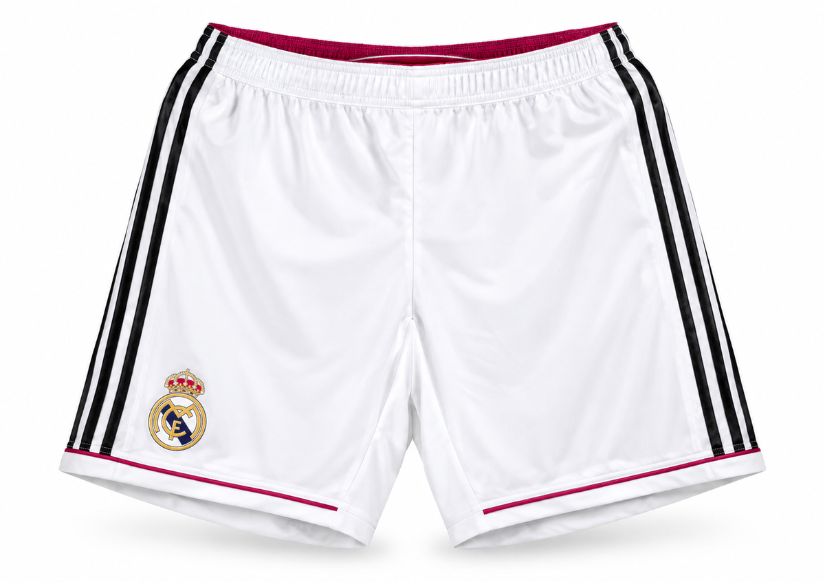 White and burgundy Real Madrid shorts with burgundy trim and black stripes, the crest and the Adidas logo