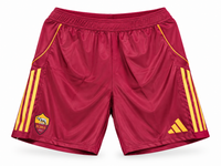 Pantaloneta granate de la Roma con rayas amarillas y naranjas, escudo y el logo de Adidas