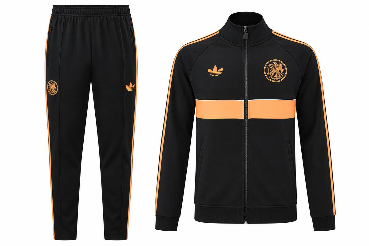 Ajax retro black tracksuit with an orange stripe: high-collar jacket and pants with the classic crest