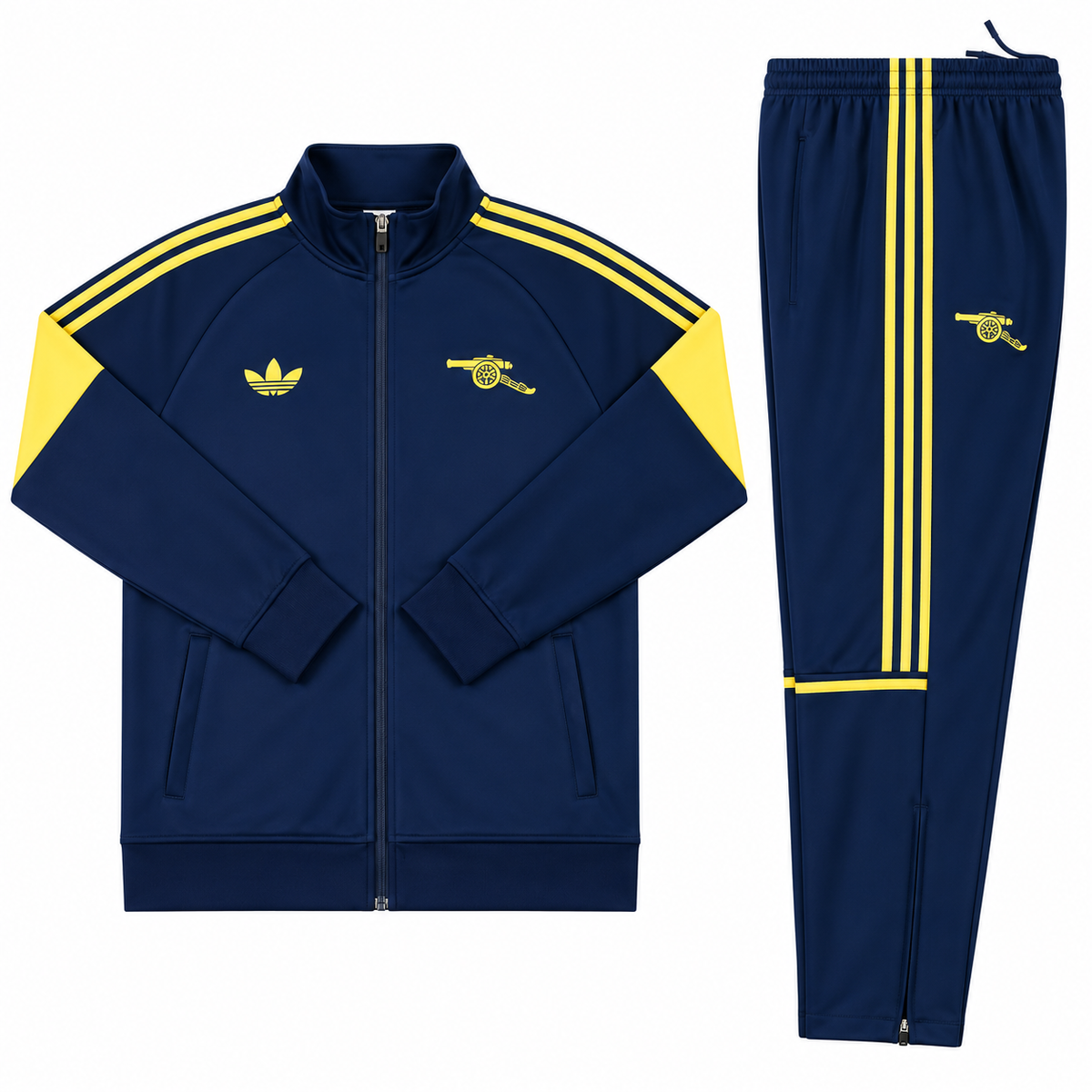 Conjunto de sudadera del Arsenal azul oscuro con tres franjas amarillas y el cañón del club sobre el pecho