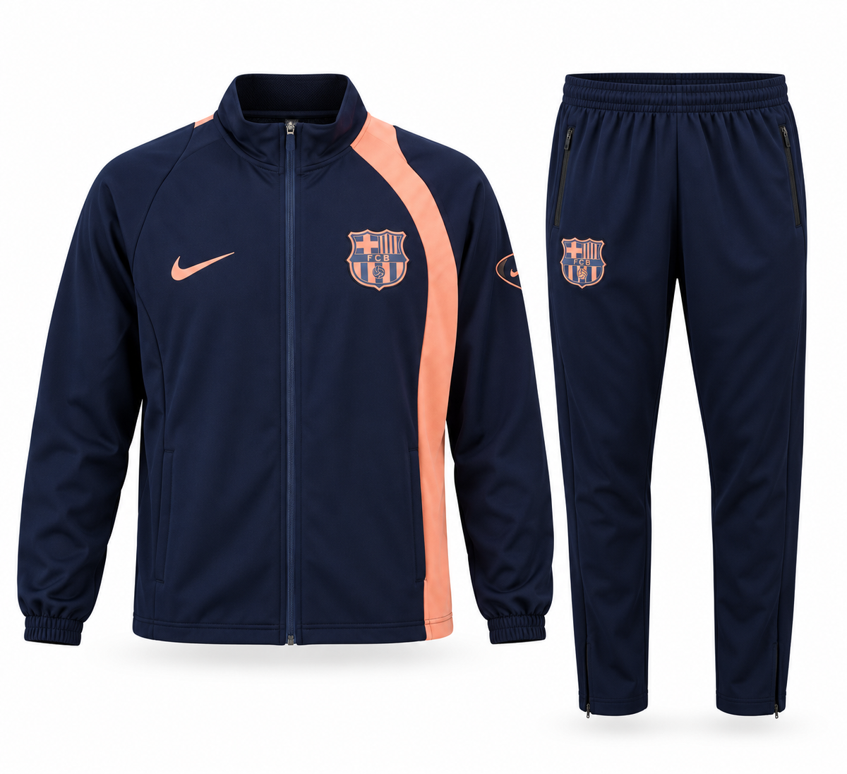 Sudadera de entrenamiento del FC Barcelona: chaqueta azul marino con franja durazno y pantalón largo