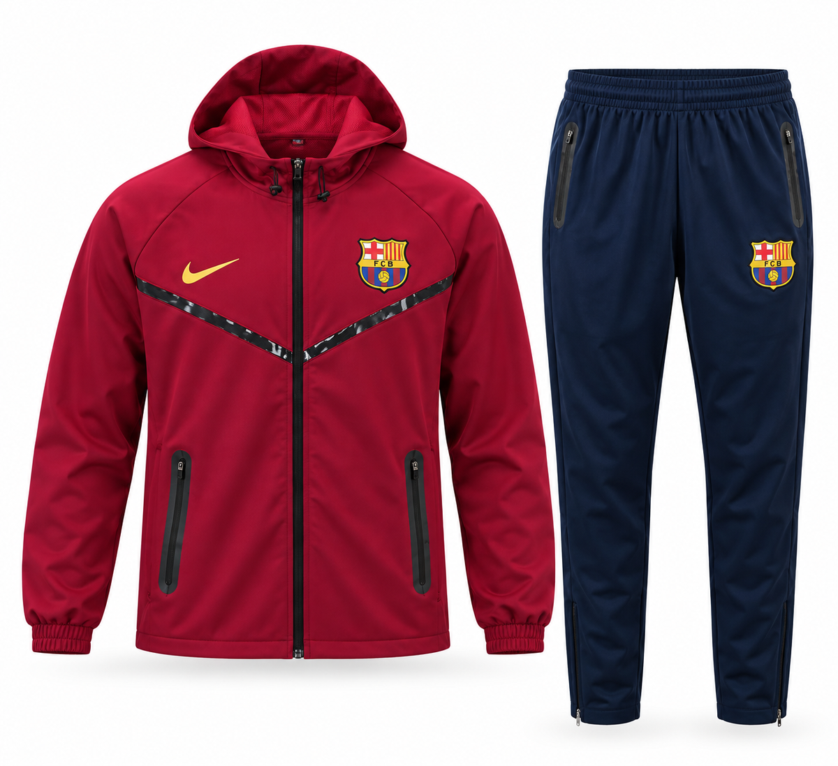Agasalho de treino do FC Barcelona: jaqueta grená com capuz e calça azul-marinho