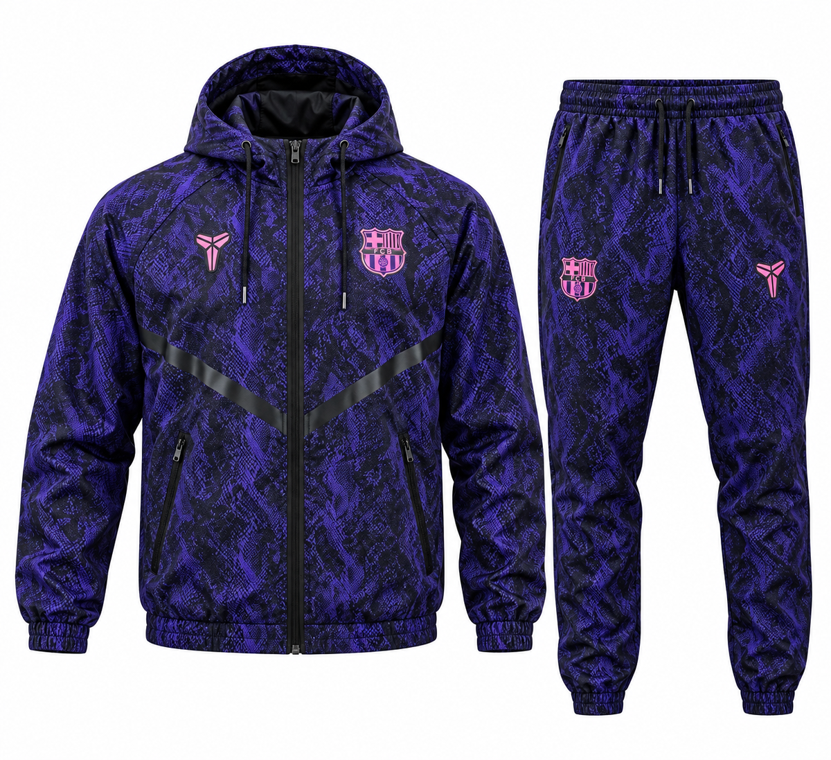 Sudadera FC Barcelona x Kobe morada: chaqueta rompevientos con capucha y pantalón con el logo de Kobe