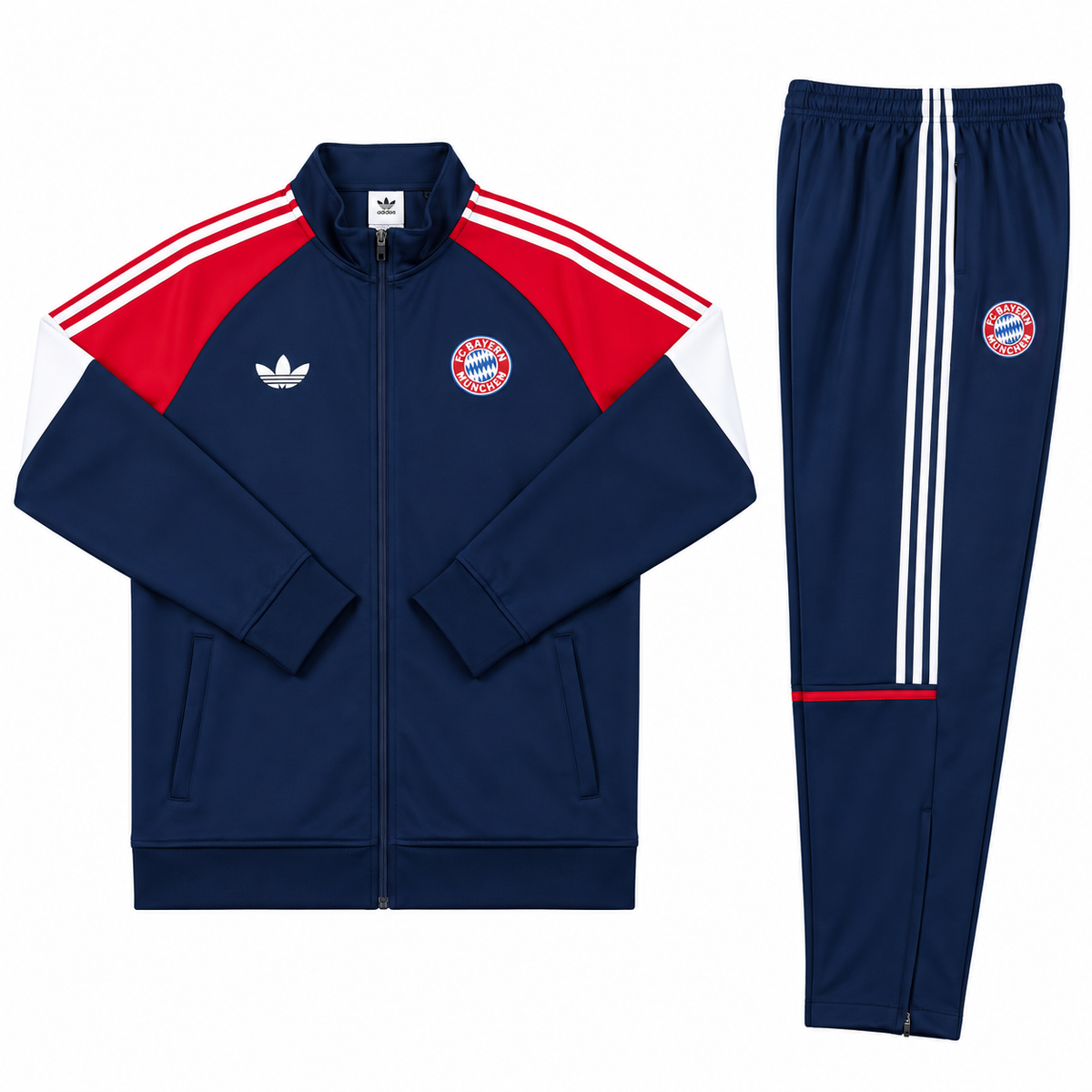 Conjunto de sudadera del Bayern Múnich azul oscuro con hombros rojos, tres franjas blancas y el escudo del club sobre el pecho