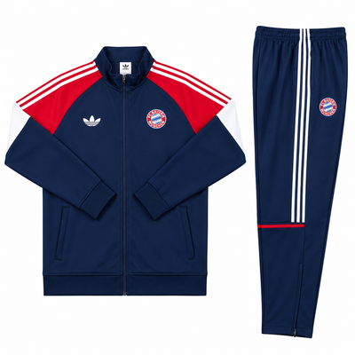Conjunto de sudadera del Bayern Múnich azul oscuro con hombros rojos, tres franjas blancas y el escudo del club sobre el pecho