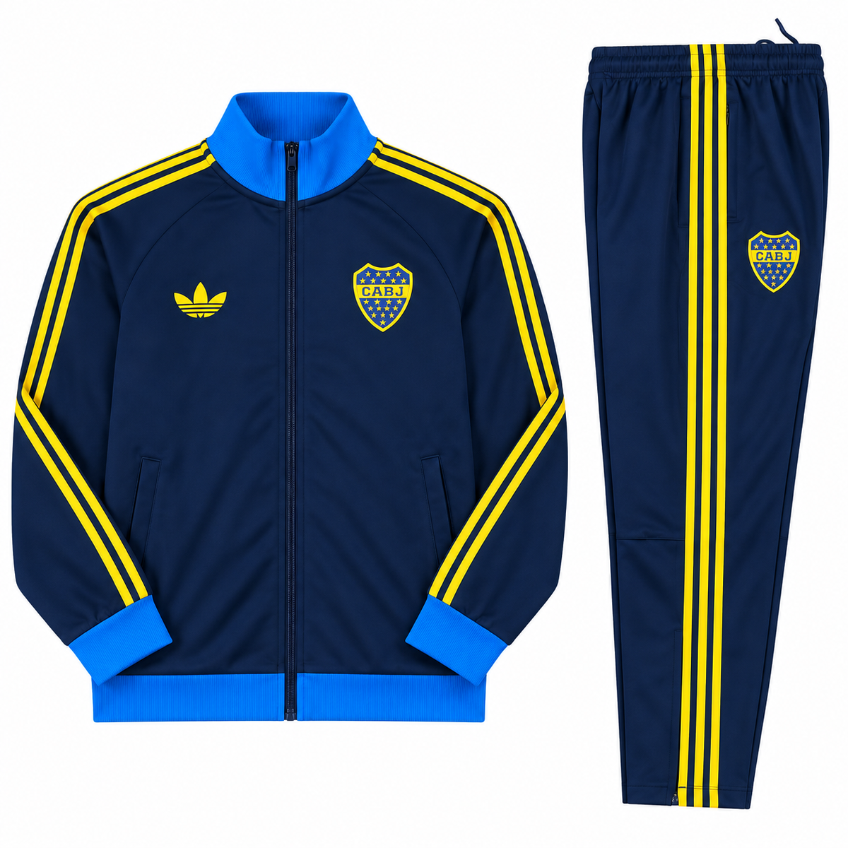 Conjunto de sudadera de Boca Juniors azul oscuro con tres franjas amarillas, cuello y puños celestes y el escudo del club sobre el pecho