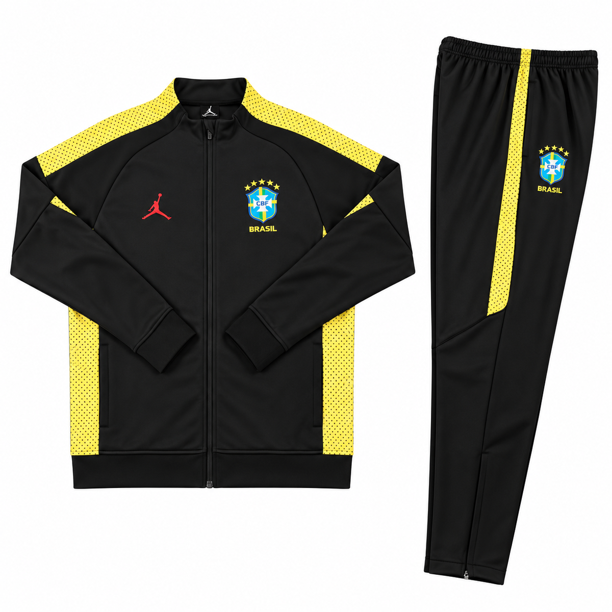 Conjunto de sudadera de Brasil negro con paneles amarillos punteados en hombros y costados, escudo de la CBF y silueta de Jordan en rojo