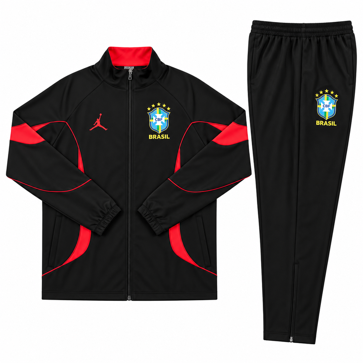 Conjunto de sudadera de Brasil negro con curvas rojas en pecho y mangas, escudo de la CBF y cuello rojo por dentro
