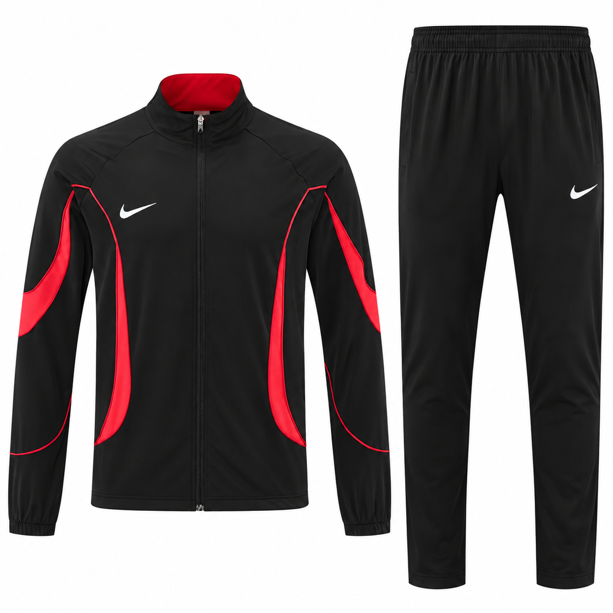 Conjunto de sudadera negro con curvas rojas en pecho y mangas, cuello rojo por dentro y pantalón negro liso
