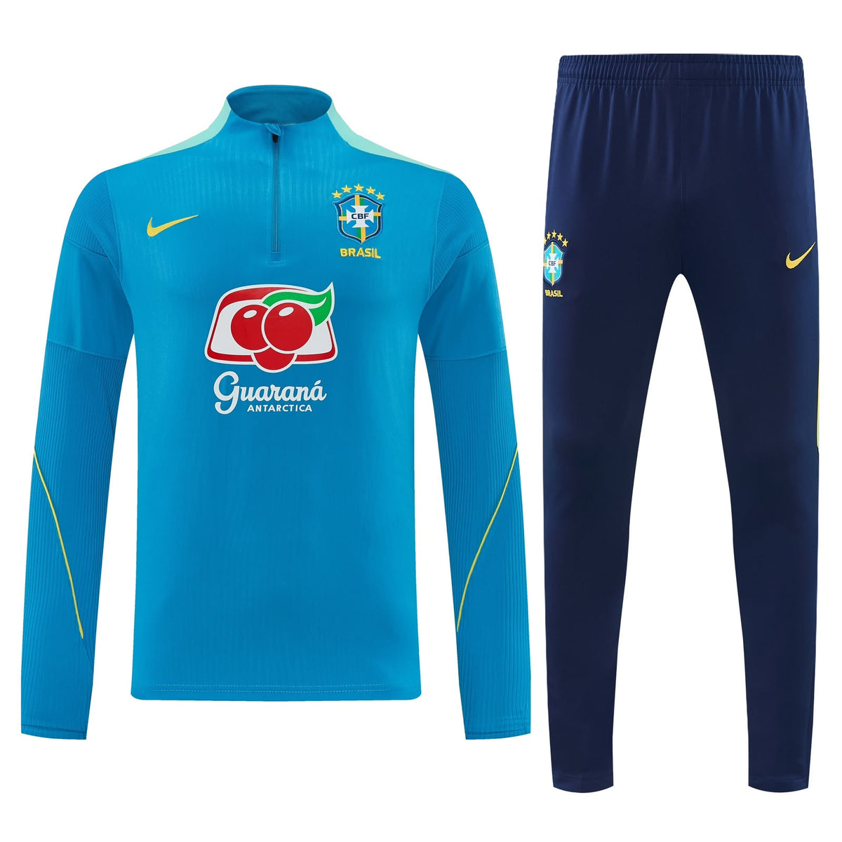 Sudadera de entrenamiento azul celeste de Brasil: buzo de medio cierre con escudo y Guaraná Antarctica, y pantalón azul oscuro