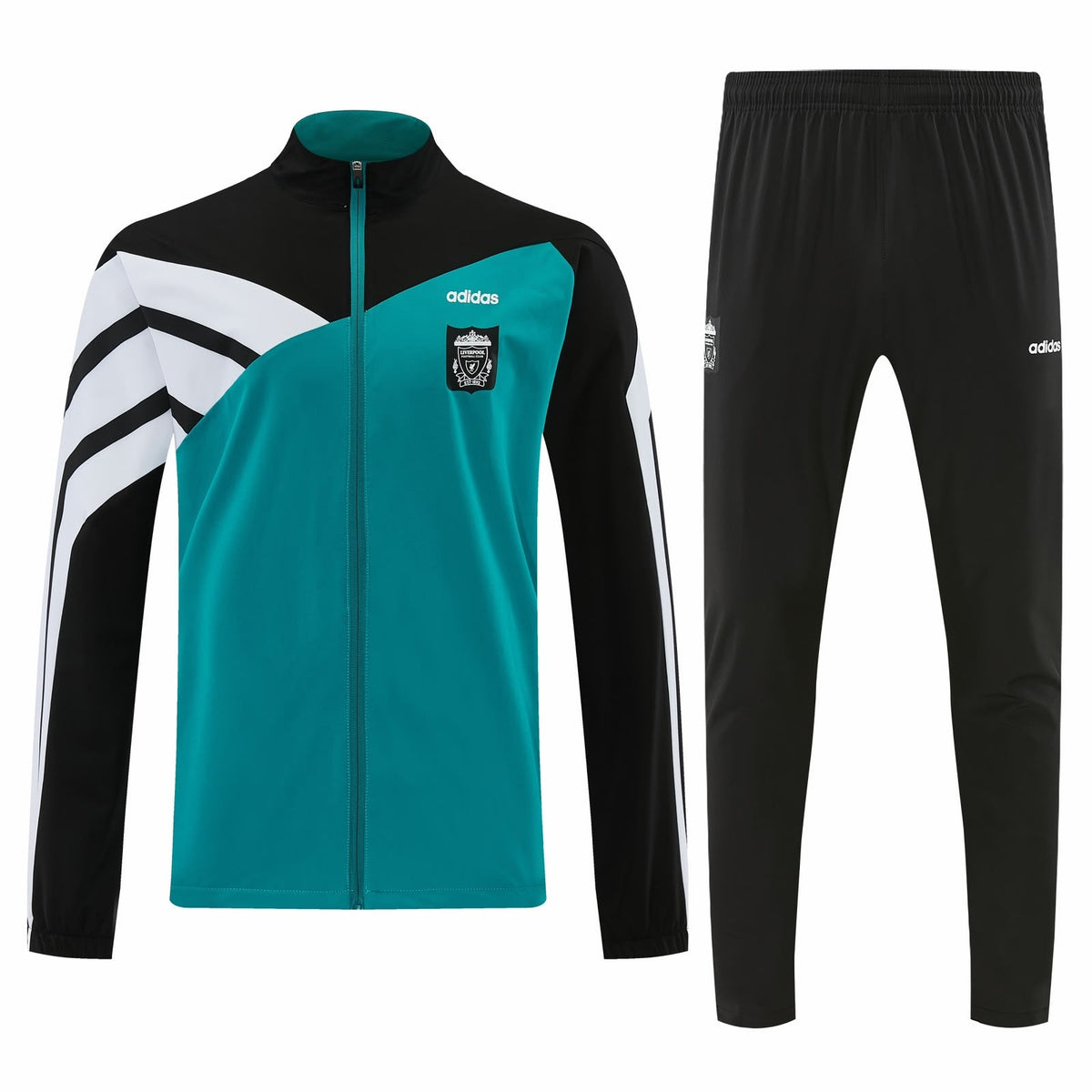 Conjunto de sudadera de presentación del Liverpool: chaqueta verde azulado y negra con franjas blancas en la manga y escudo retro, y pantalón negro