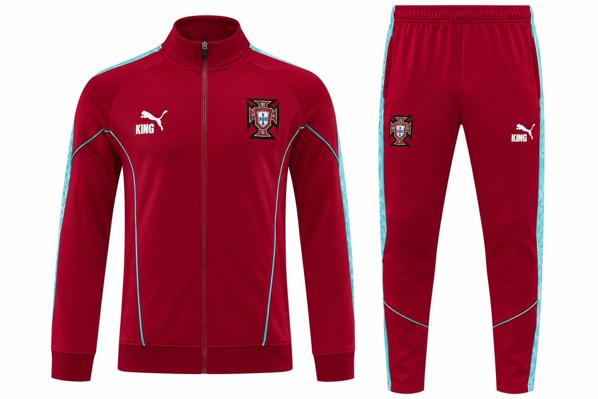 Sudadera de presentación roja de Portugal: chaqueta con cierre, escudo y logo Puma KING, y pantalón rojo con franjas celestes