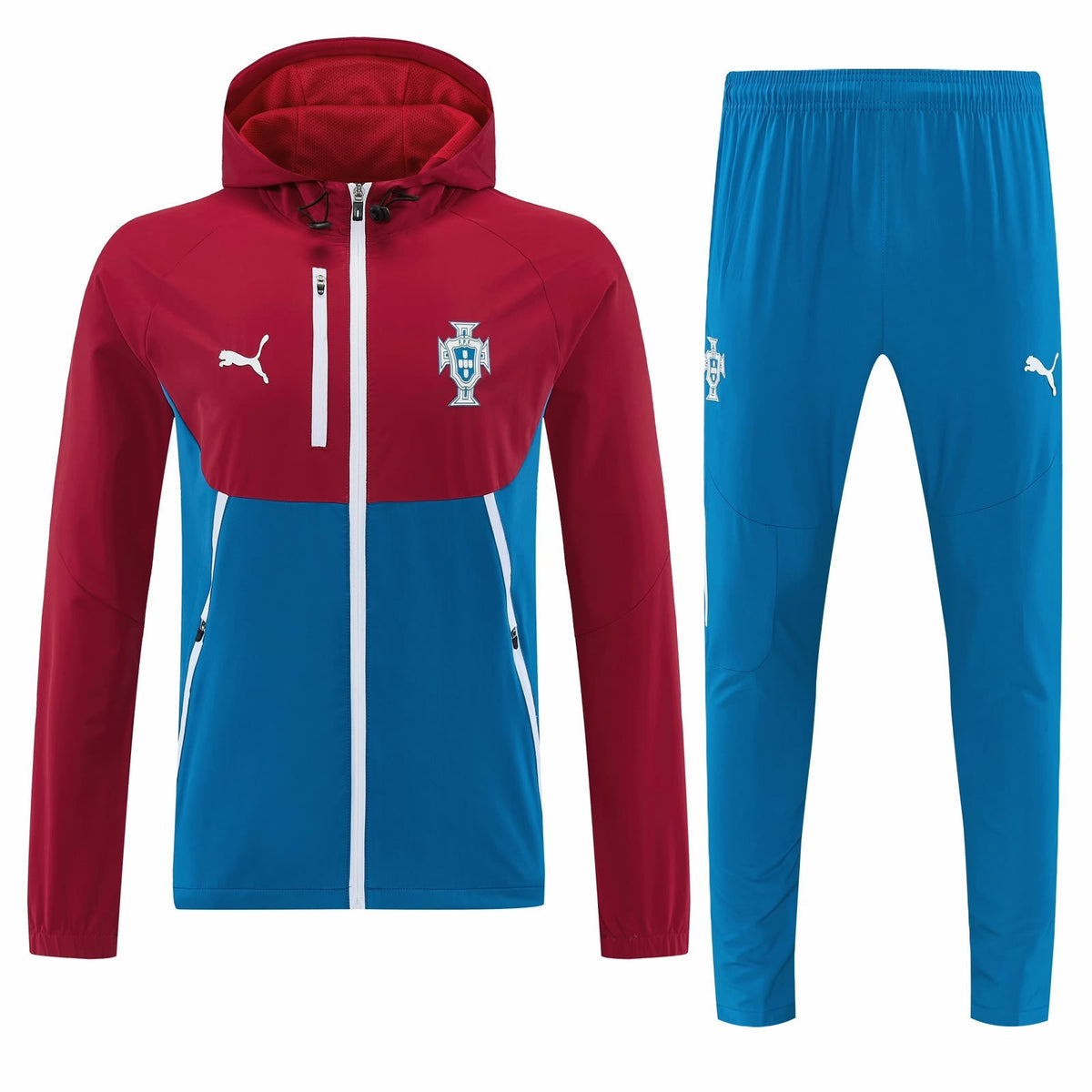 Conjunto de sudadera de presentación de Portugal: chaqueta Puma roja arriba y azul abajo con cierre blanco y escudo de la federación, y pantalón azul