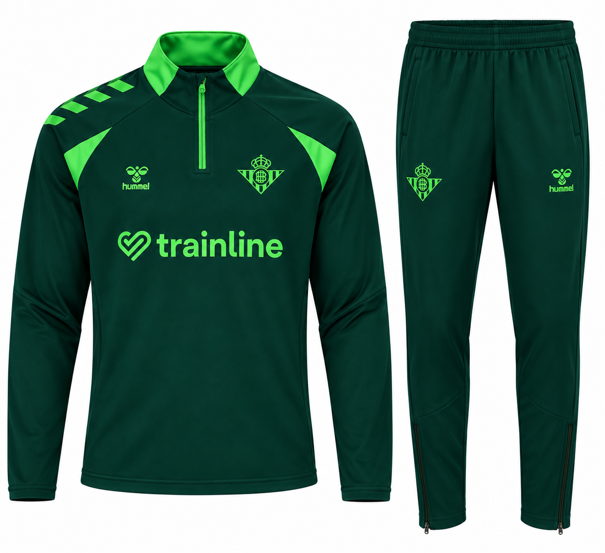 Agasalho do Real Betis verde: blusa de meio zíper com trainline e calça
