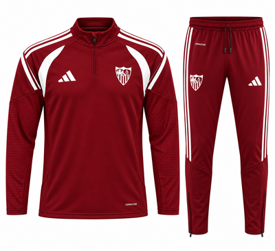 Sudadera del Sevilla vinotinto: buzo de media cremallera y pantalón con rayas blancas