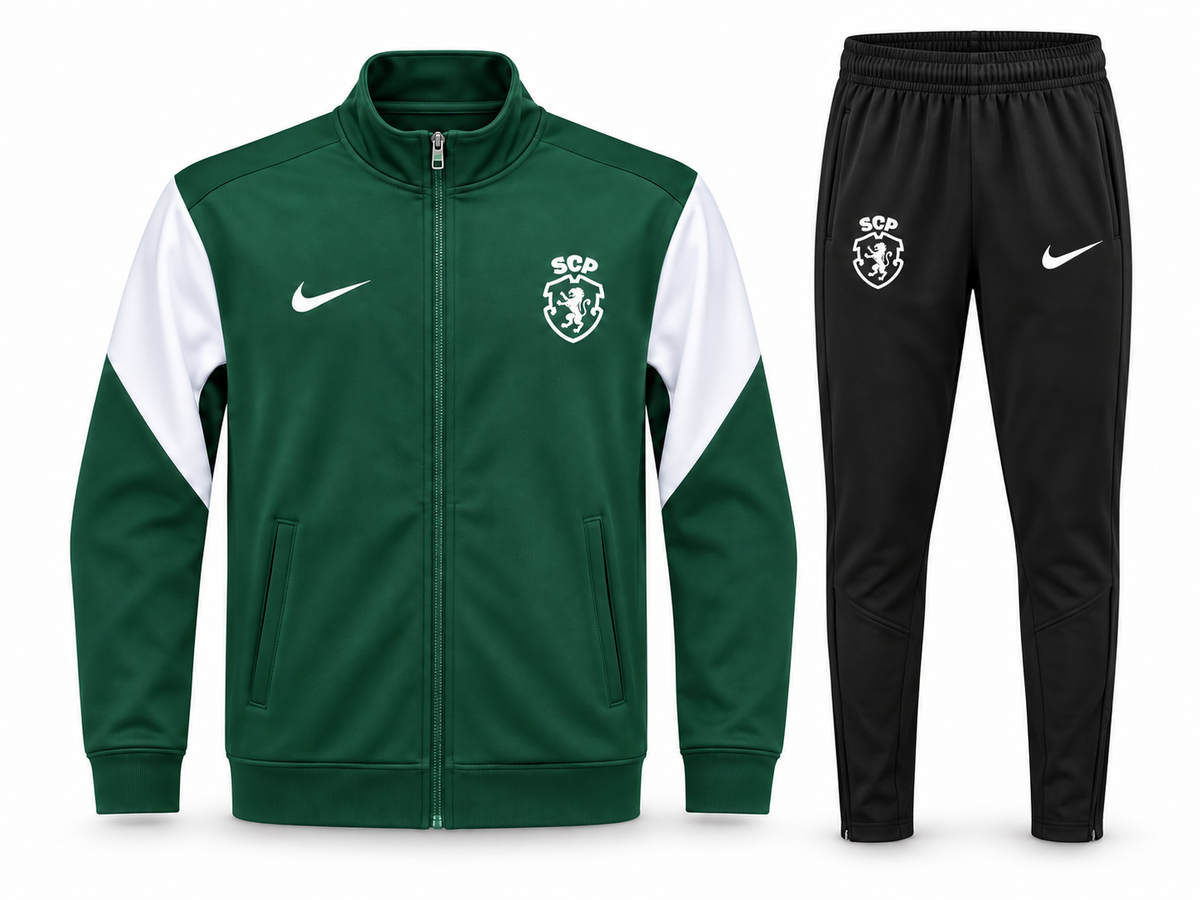 Agasalho de treino do Sporting CP: jaqueta verde com mangas brancas e calça preta, outro ângulo