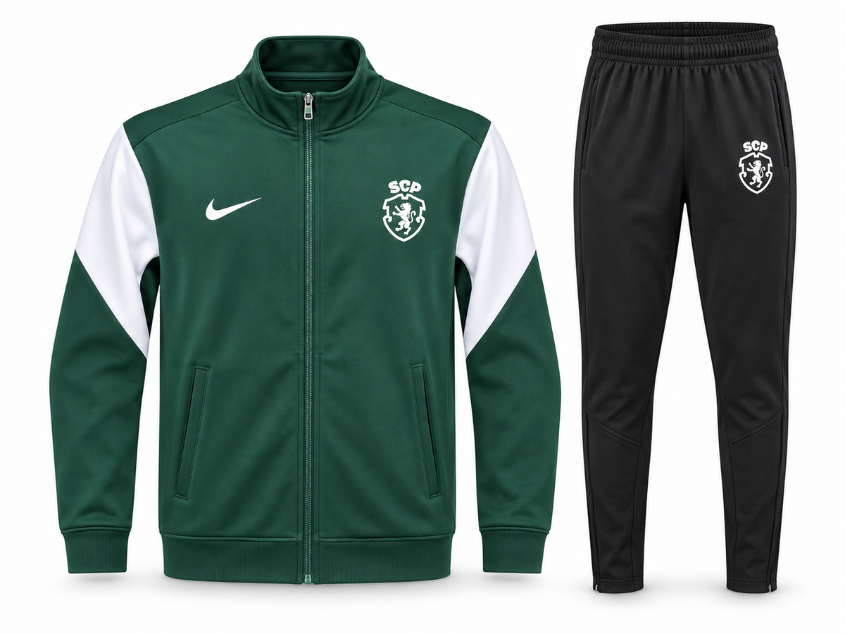 Agasalho de treino do Sporting CP: jaqueta verde com mangas brancas e calça preta